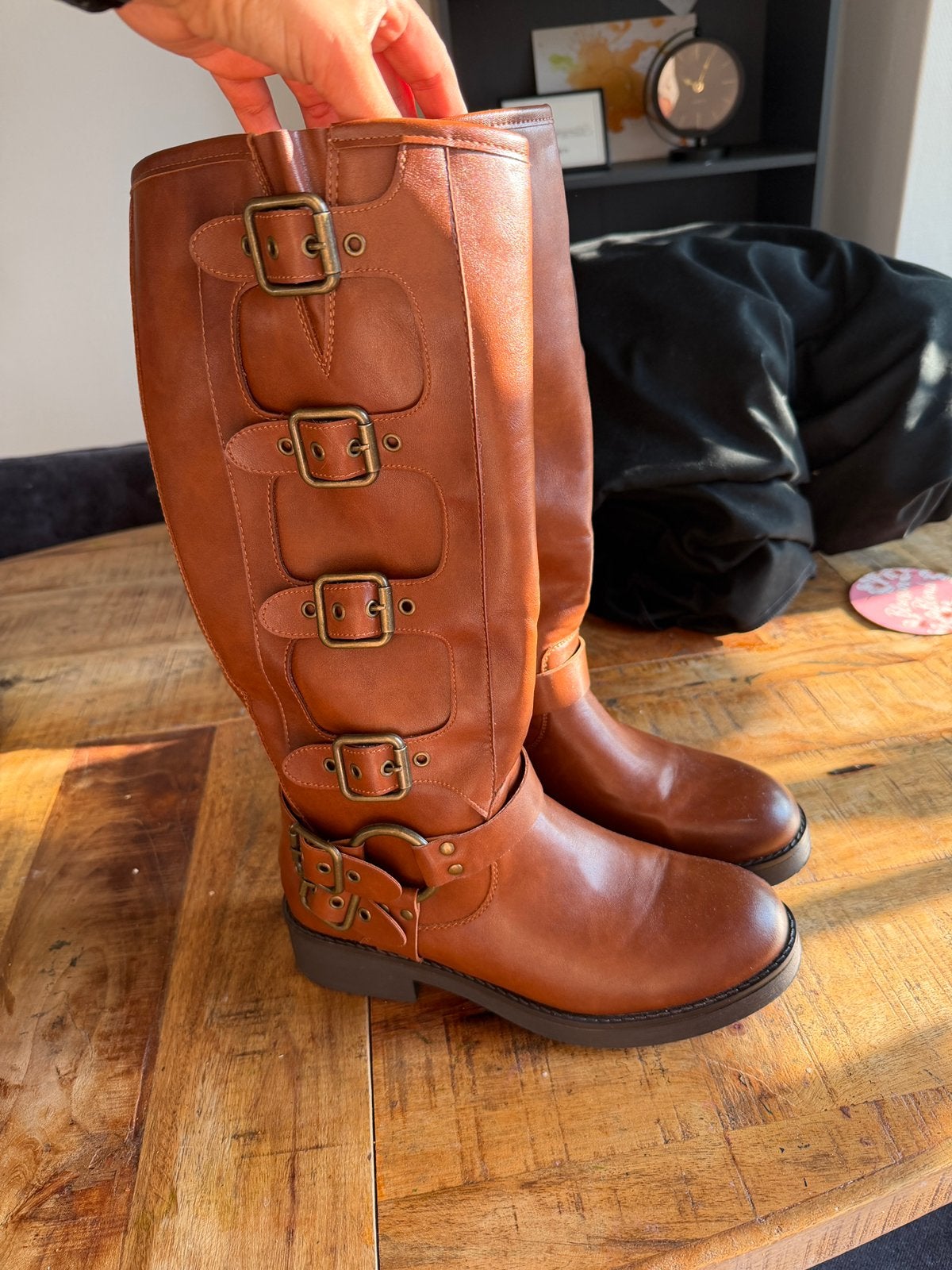 Stoere leatherlook laarzen., Ophalen, Zo goed als nieuw, Zwart, Hoge laarzen