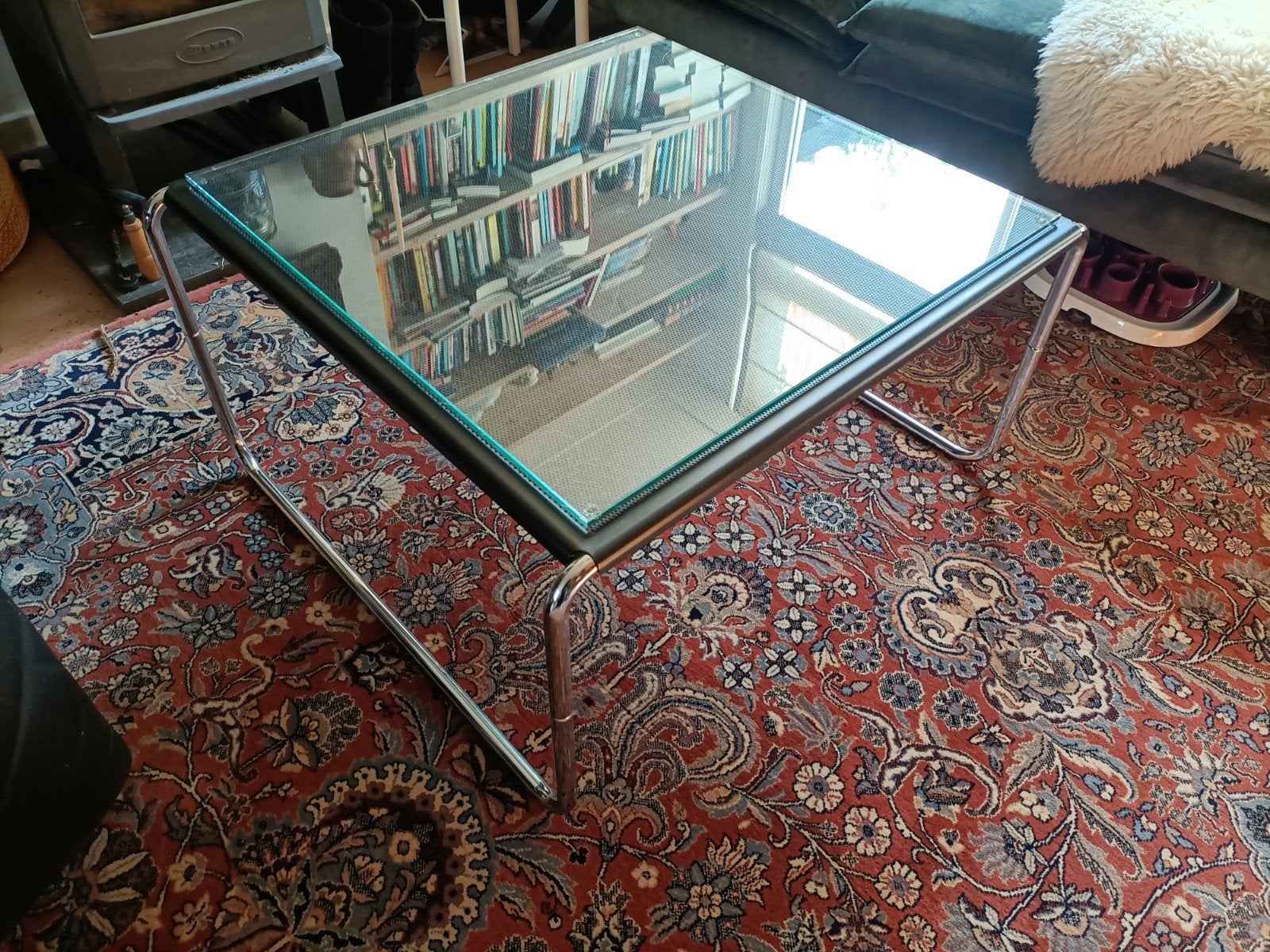 Mooie retro salontafel met glazen blad., Ophalen, Gebruikt, 100 tot 150 cm, Vierkant