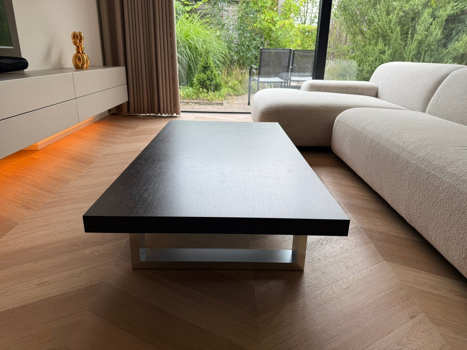 Moderne salontafel - donker eikenlook, RVS onderstel, Ophalen, 100 tot 150 cm, 50 tot 100 cm, Modern