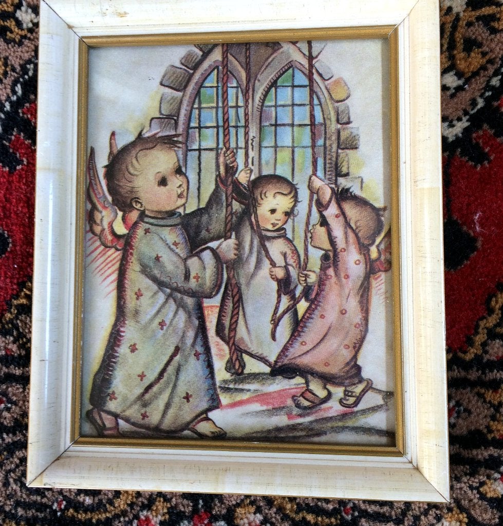 Schilderijtje Kinderen klokken luiden engeltje 15,5 bij 19,5, Minder dan 50 cm, Gebruikt, Ophalen of Verzenden, Schilderij