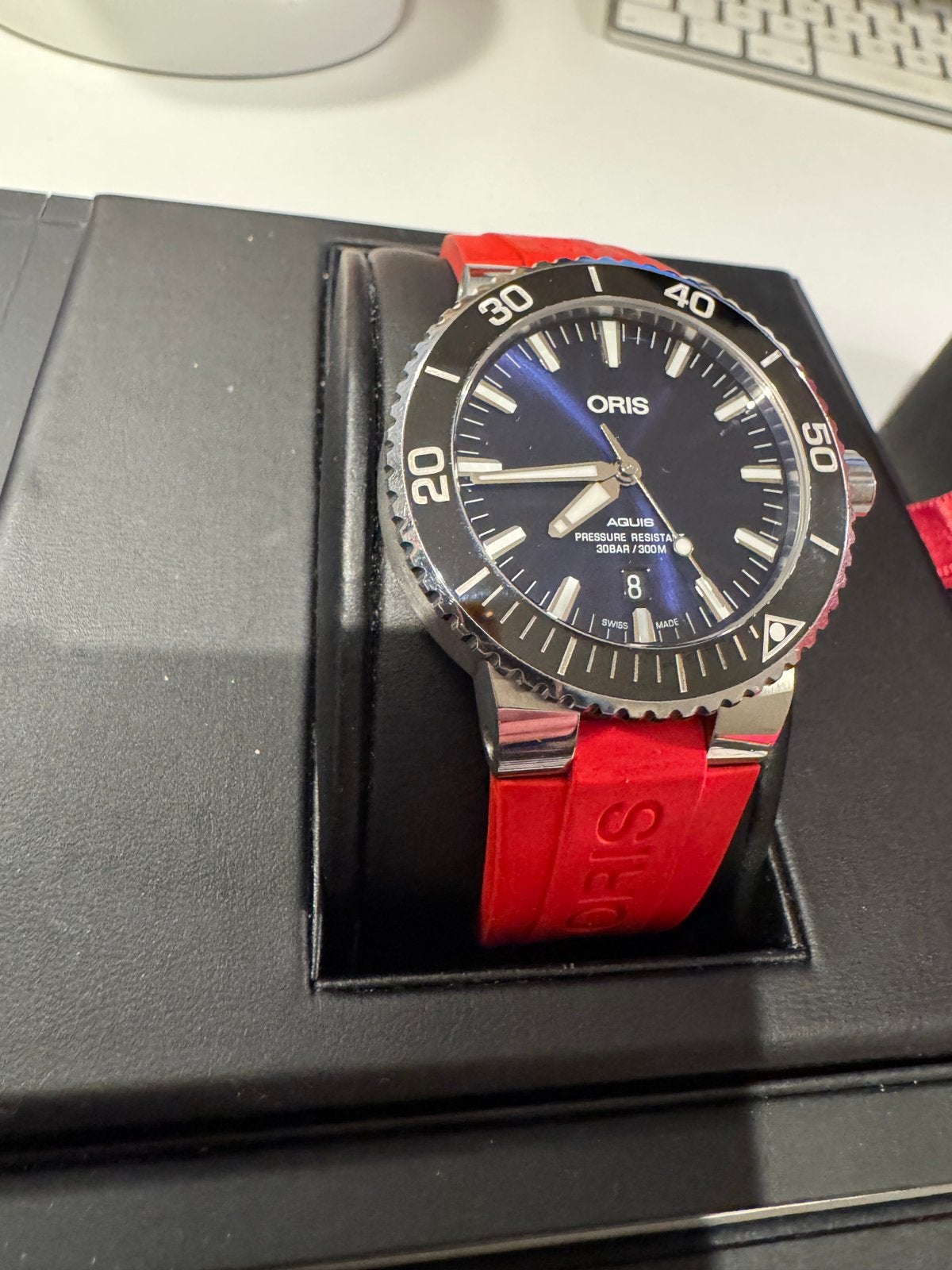 Oris aquis date, 43.5mm blauwe wijzerplaat, full set., Sieraden, Tassen en Uiterlijk, Horloges | Heren, Overige merken, Staal