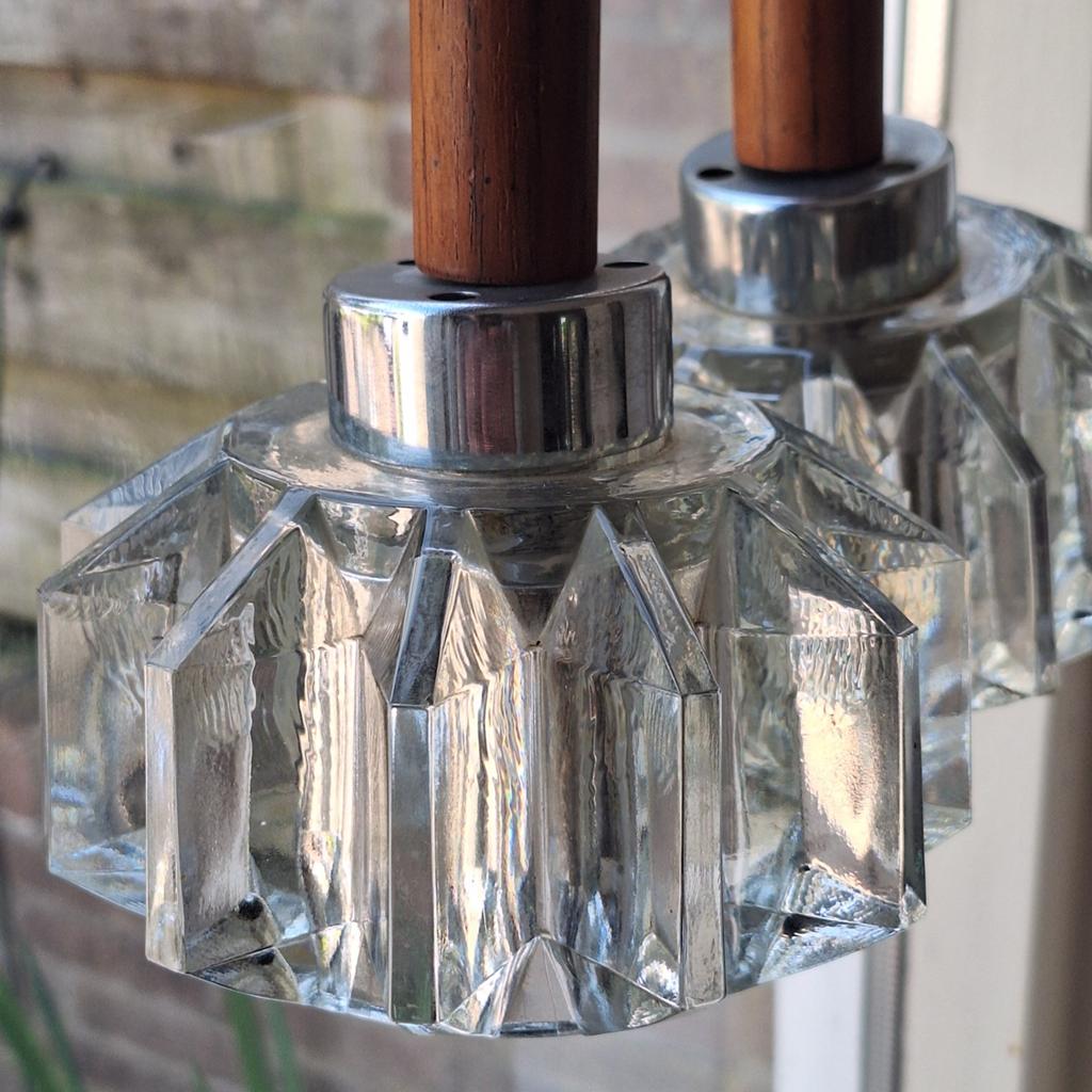 Vintage lampen hanglamp dik glas teak, Ophalen, Gebruikt, Vintage, Glas