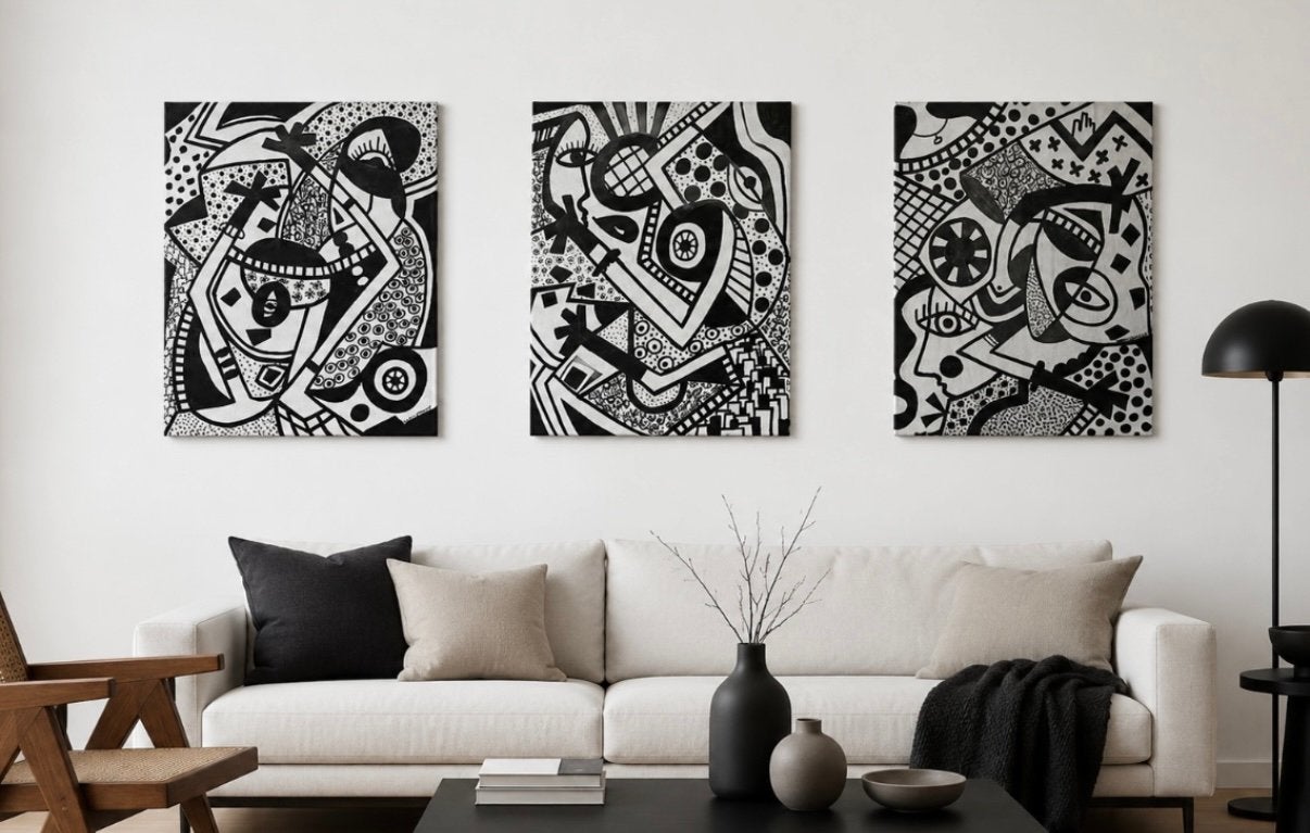 Drieluik abstracte kunst canvas zwart wit schilderij kubisme, Eigen ontwerp, 40 cm, Zwart, Nieuw