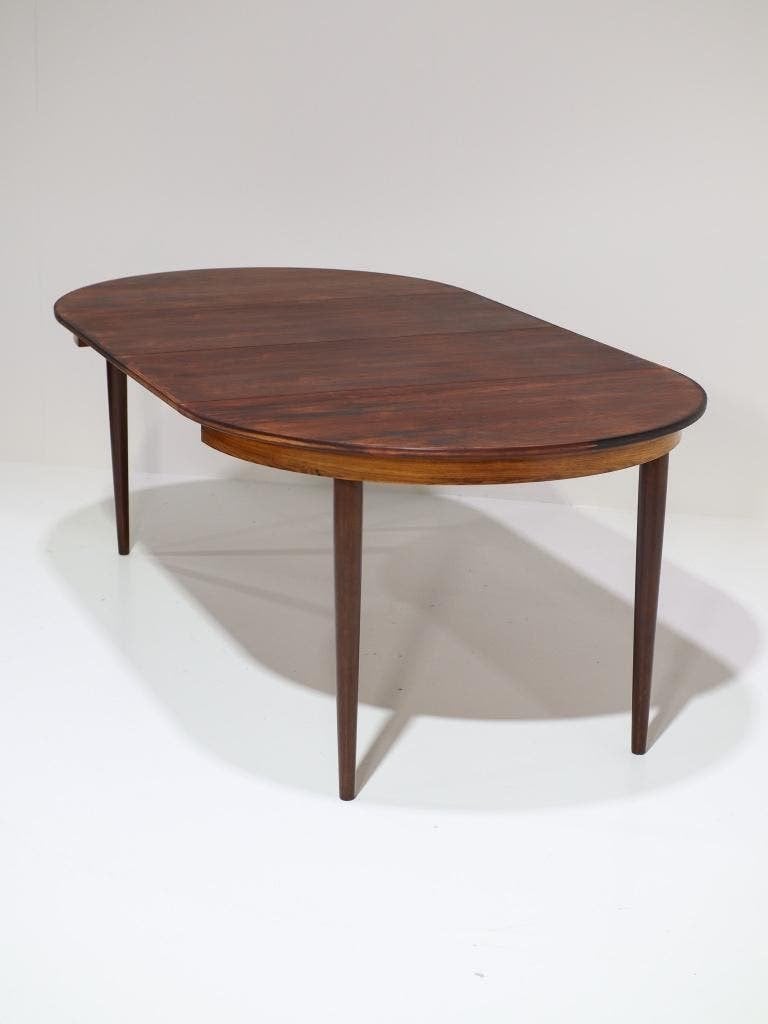 Uitschuifbare ronde eettafel Skovmand & Andersen palissander, Ophalen, Mid century, 100 tot 150 cm, 200 cm of meer