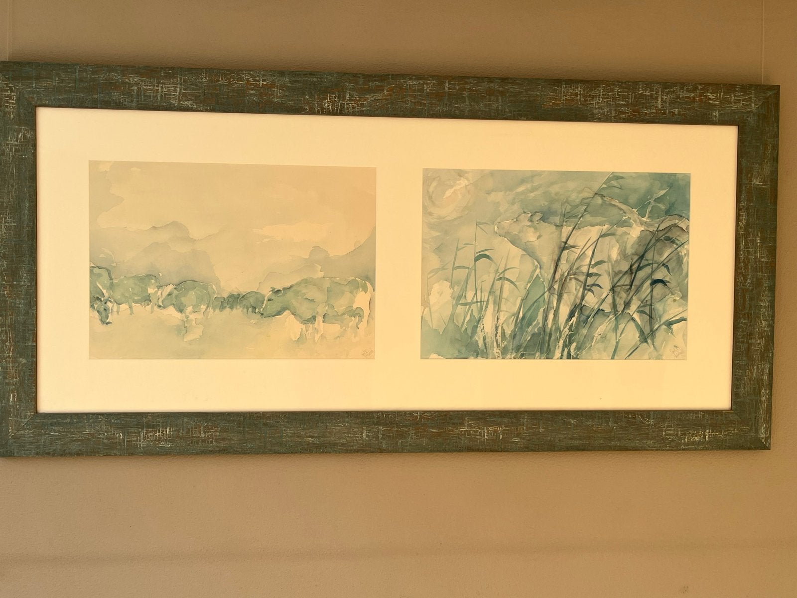 Aquarel schilderij: Koeien en riet in landschap, Ophalen