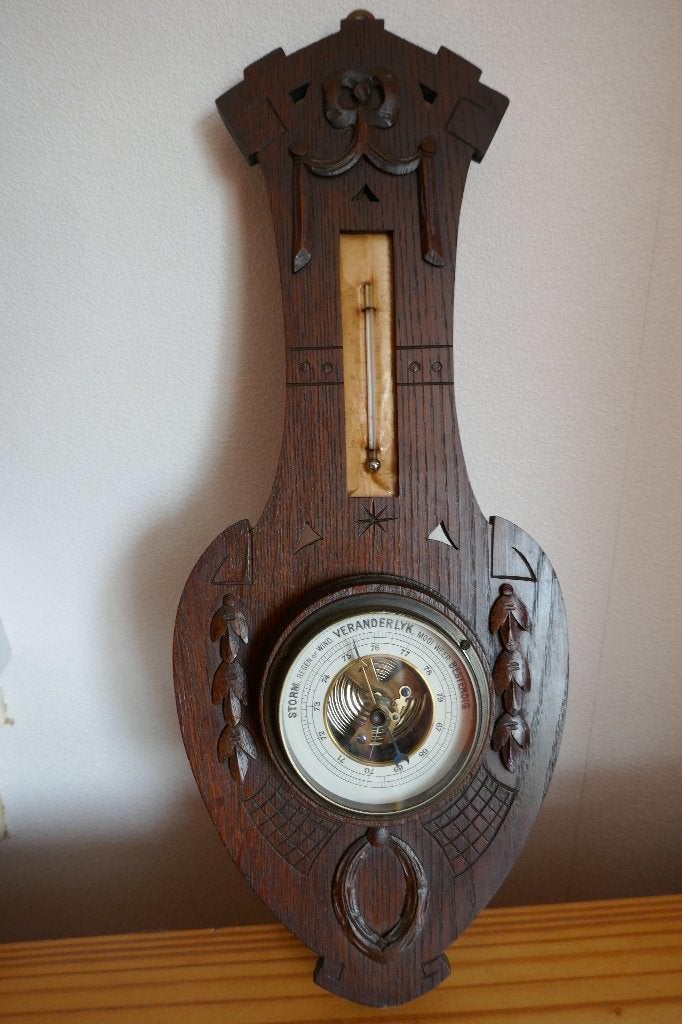 Barometer met houtsnijwerk vintage Art Deco, Ophalen of Verzenden, Gebruikt, Barometer