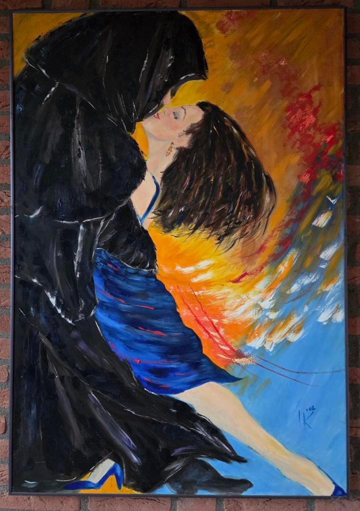 Groot olieverfschilderij met danspaar, met lijst, Antiek en Kunst, Ophalen