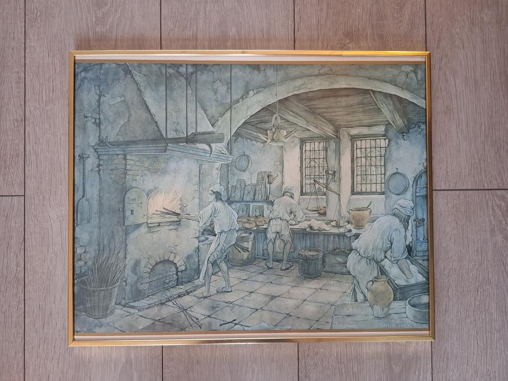 Ingelijste prent van Anton Pieck 'de bakkerij', Ophalen of Verzenden, 1980 tot heden, Zo goed als nieuw, Overige onderwerpen
