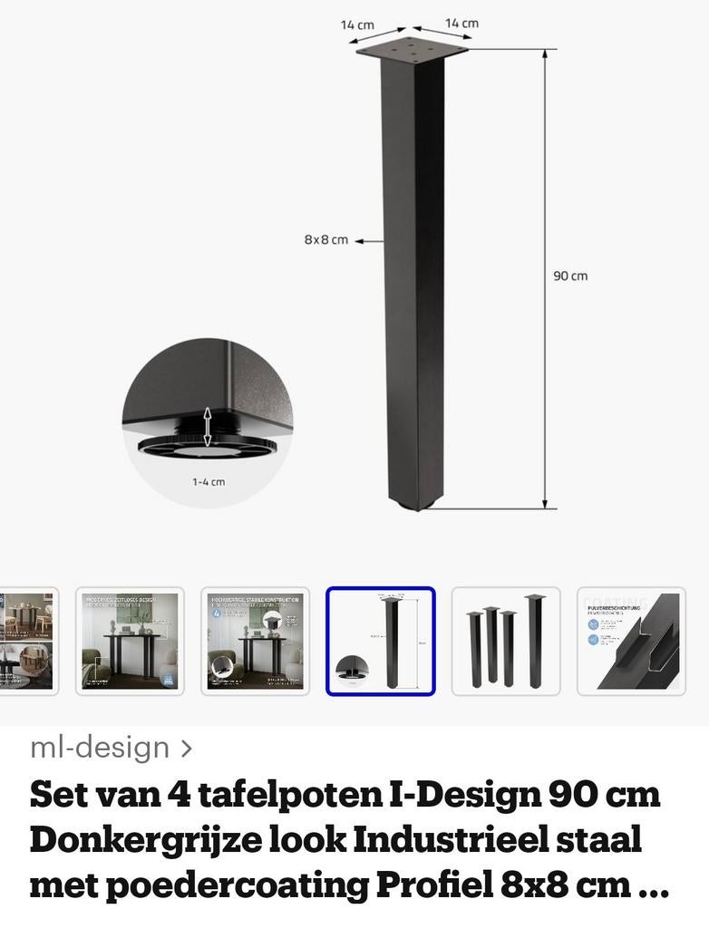 2 Nieuwe Hoge Tafelpoten - 90cm, Tafelpoot, 50 tot 100 cm, Nieuw, Ophalen of Verzenden