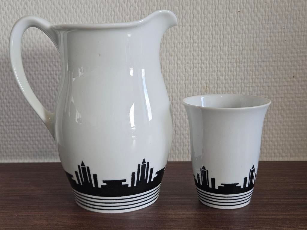 Antieke melkset kan beker Mosa Art Deco skyline porselein, Ophalen of Verzenden