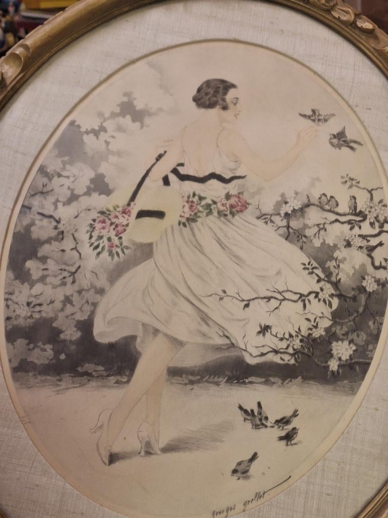 Ets van Georges Greffet - art deco Dame Vogels, Ophalen of Verzenden