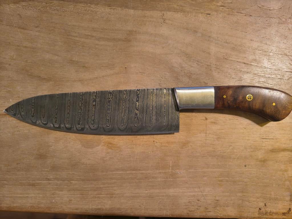 Damascus Chefmes met Houten Handvat, Ophalen of Verzenden, Gebruikt, Hout, Los bestek