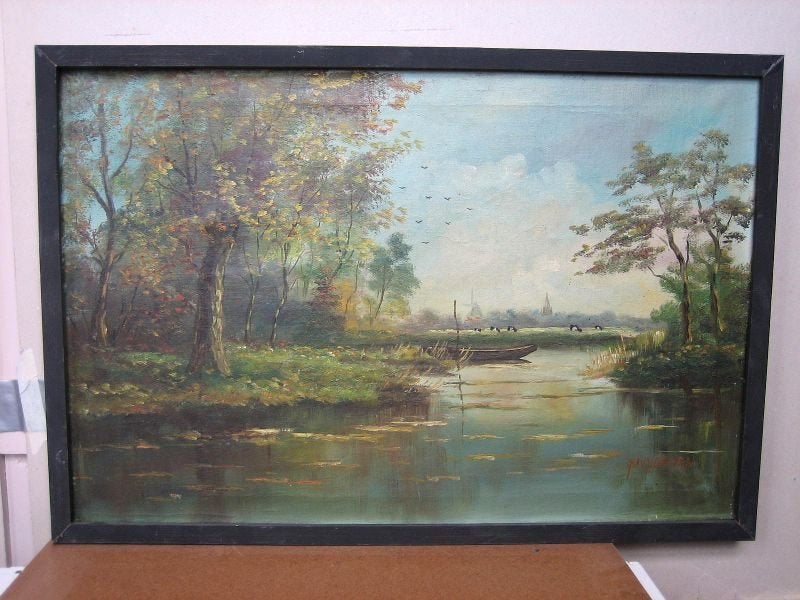 Schilderij Brede vaart, eik, bootje, Ingelijst, Maritiem / water, Doek, Ophalen of Verzenden