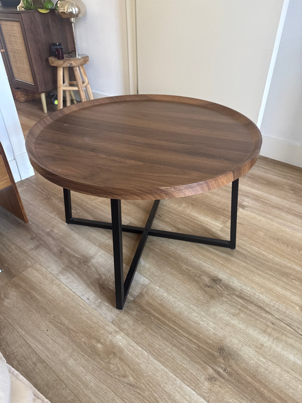 Salontafel Xenos - Rond Hout met Zwart Metalen Onderstel, Ophalen, Gebruikt, Rond, 50 tot 100 cm