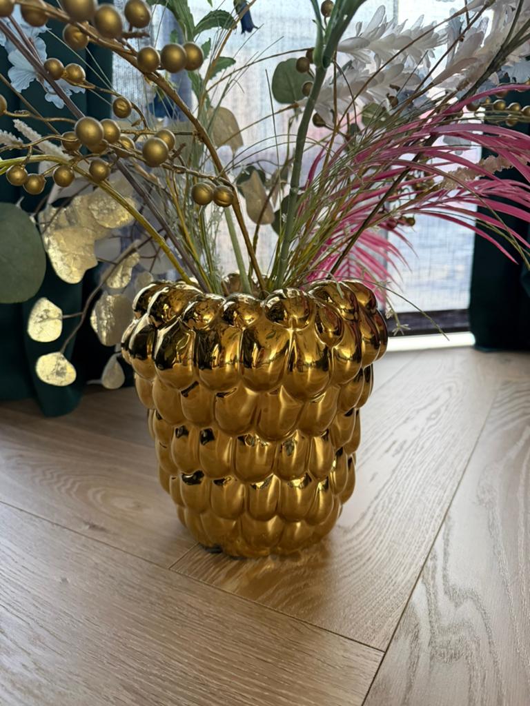 Gouden bloempot incl. zijden kunstbloemen, Ophalen, Zo goed als nieuw, Overige kleuren, Overige materialen