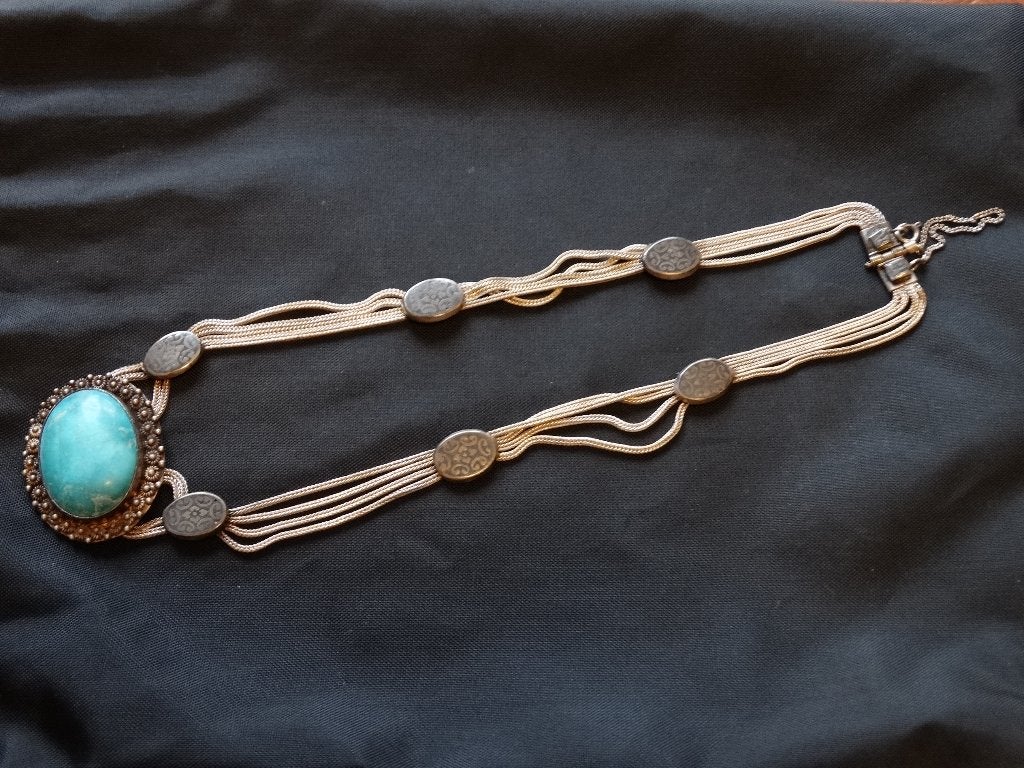 Zilveren ketting met grote turkoois en niello , Victoriaans, Verzenden, Zilver, Ketting, Met edelsteen