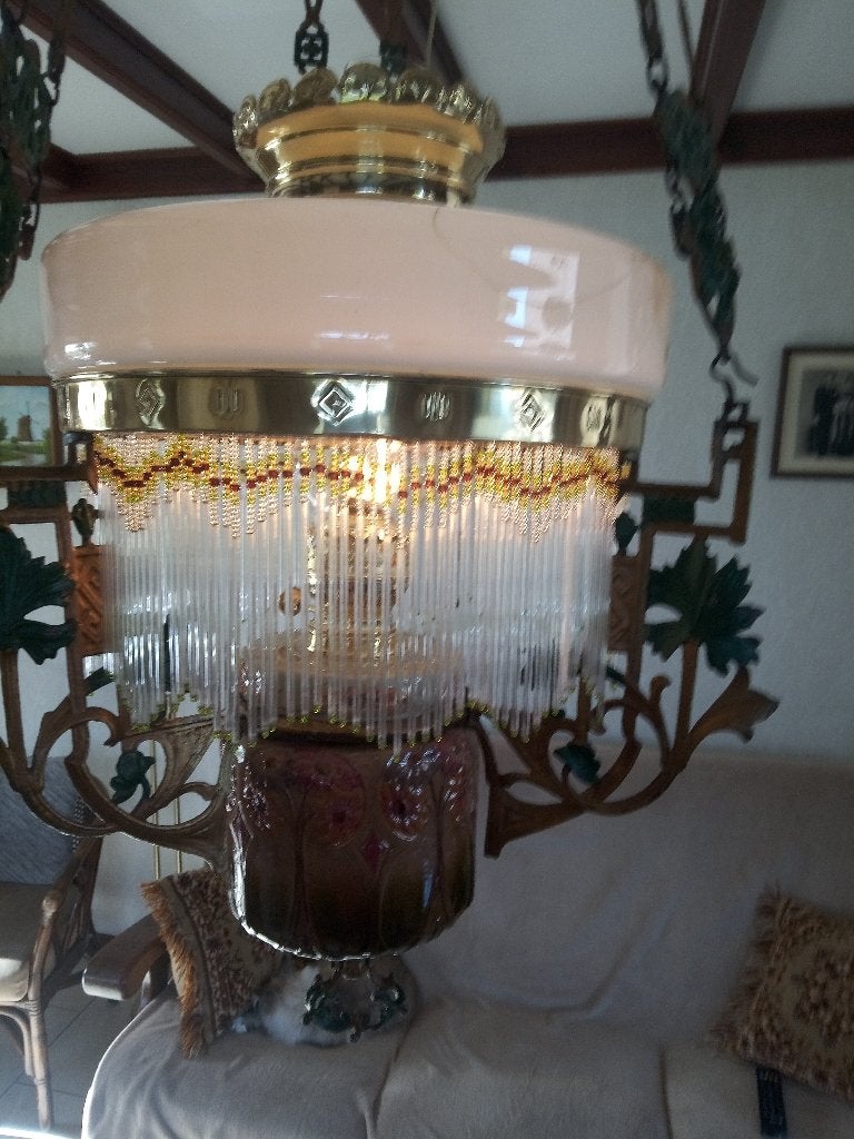 Antieke Olielamp met Glazen en Koperen Details, Ophalen
