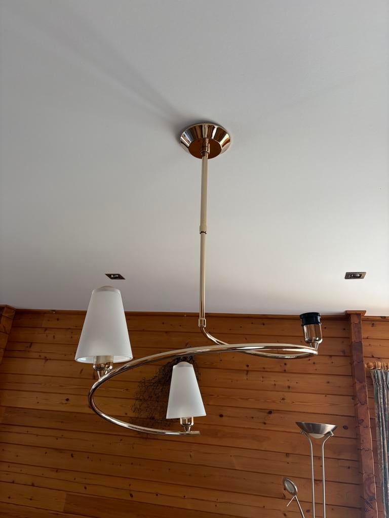Hanglamp messing met drie kapjes, Ophalen, Zo goed als nieuw, Glas, Minder dan 50 cm