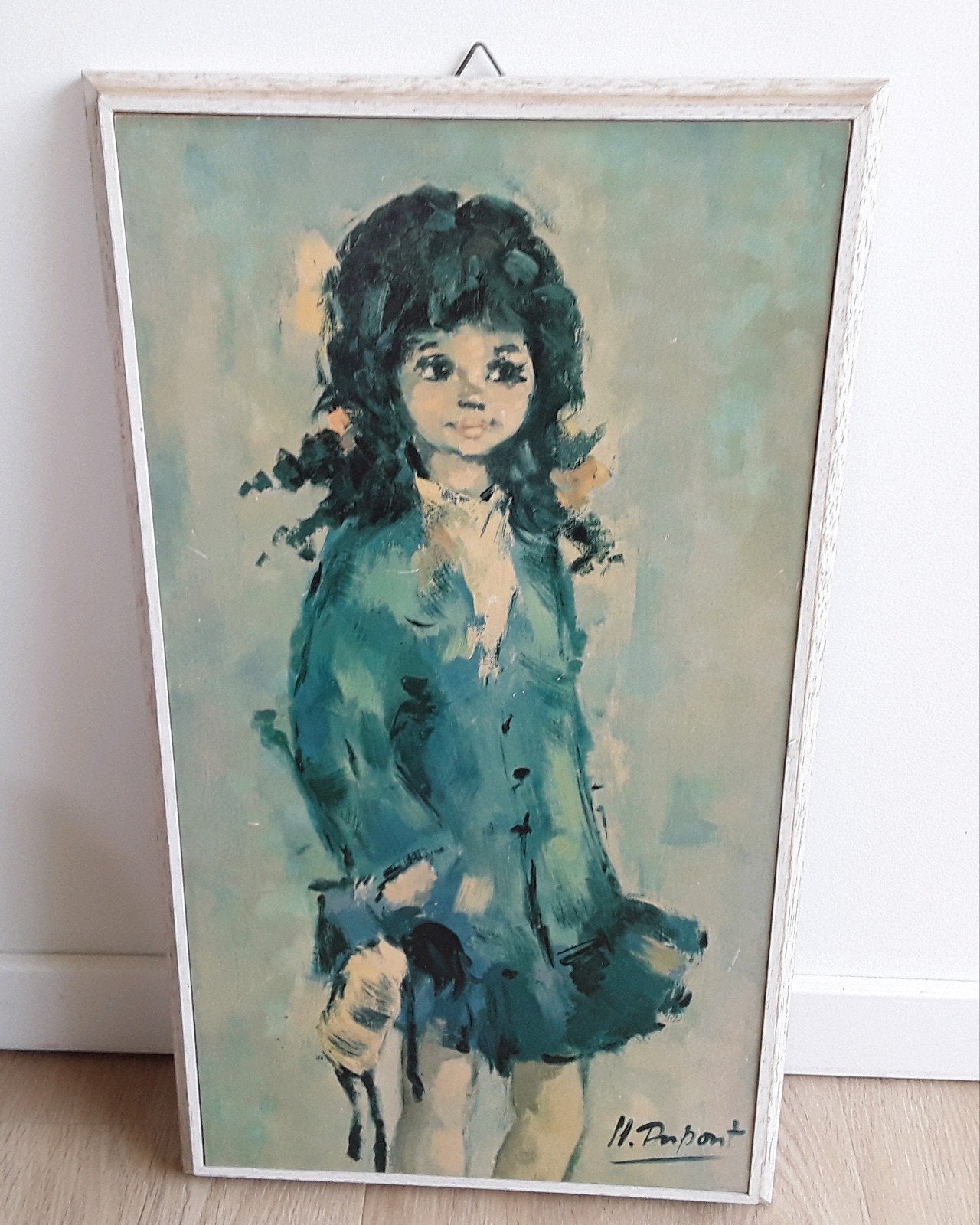 Vintage prent/schilderijtje van meisje met pop, Ophalen of Verzenden, Gebruikt, Minder dan 50 cm, Schilderij
