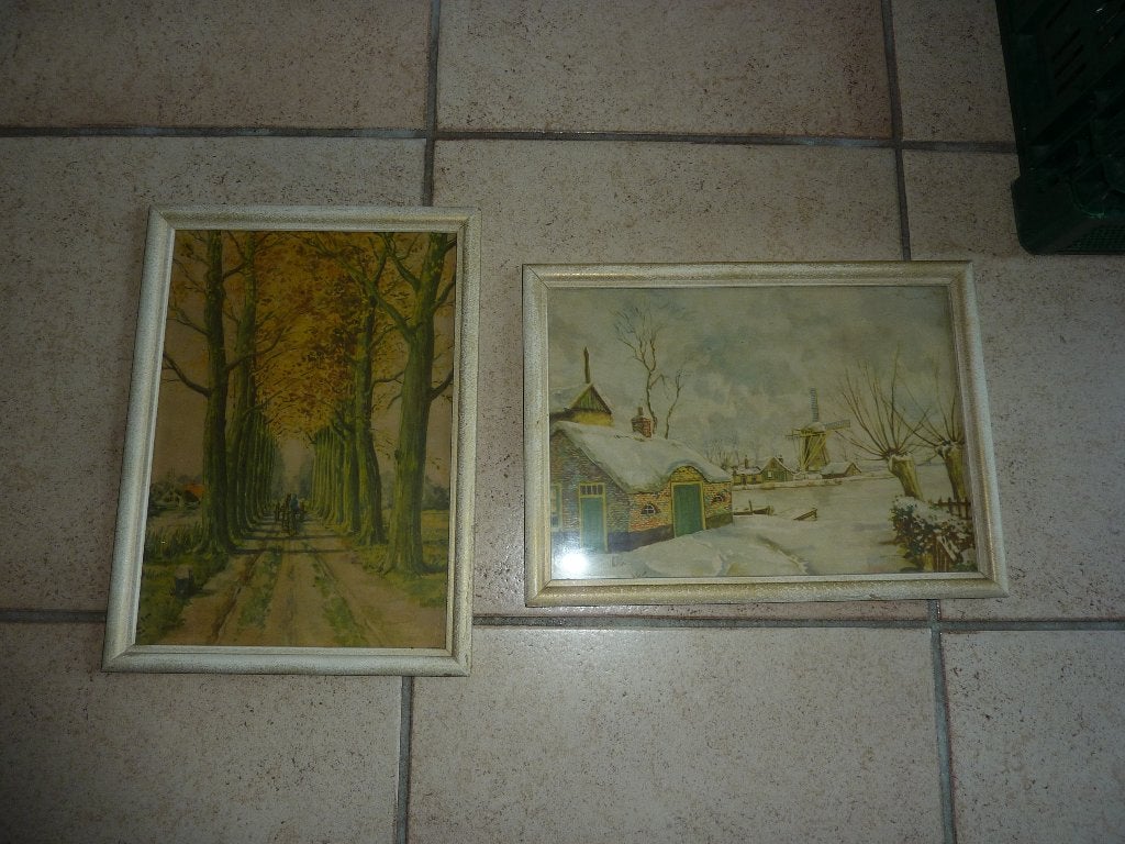 2 oude schilderijtjes achter glas, Ophalen of Verzenden