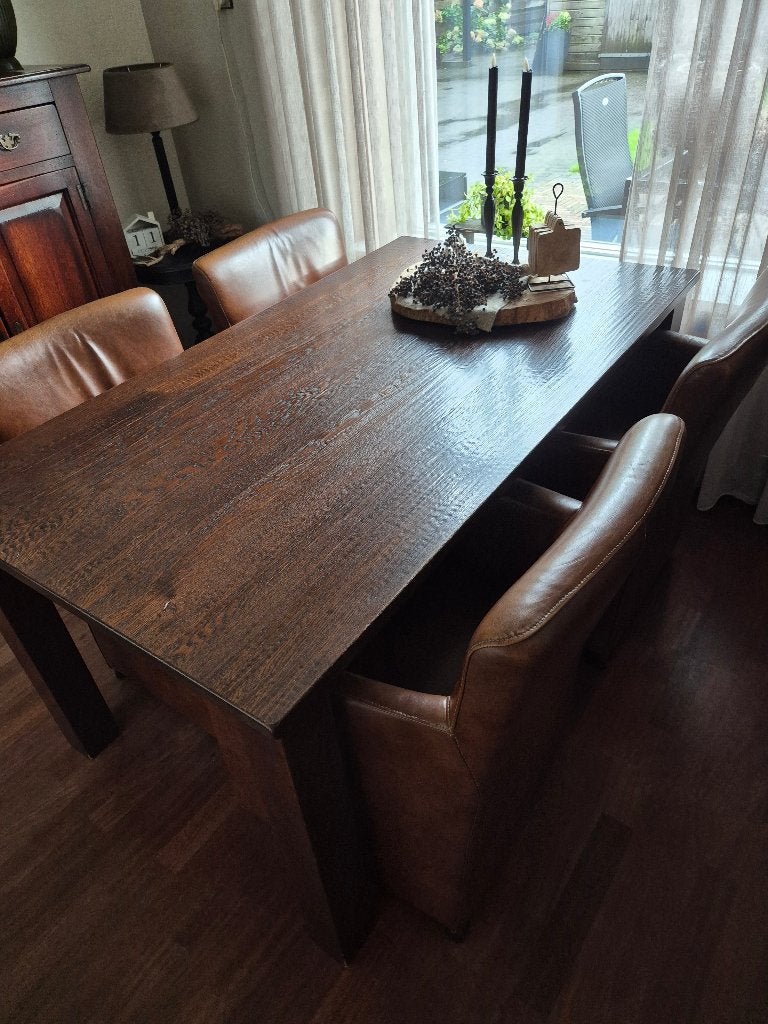 Eiken eetafel + 4 echt leren stoelen, Ophalen, Gebruikt, 4 tot 6 stoelen