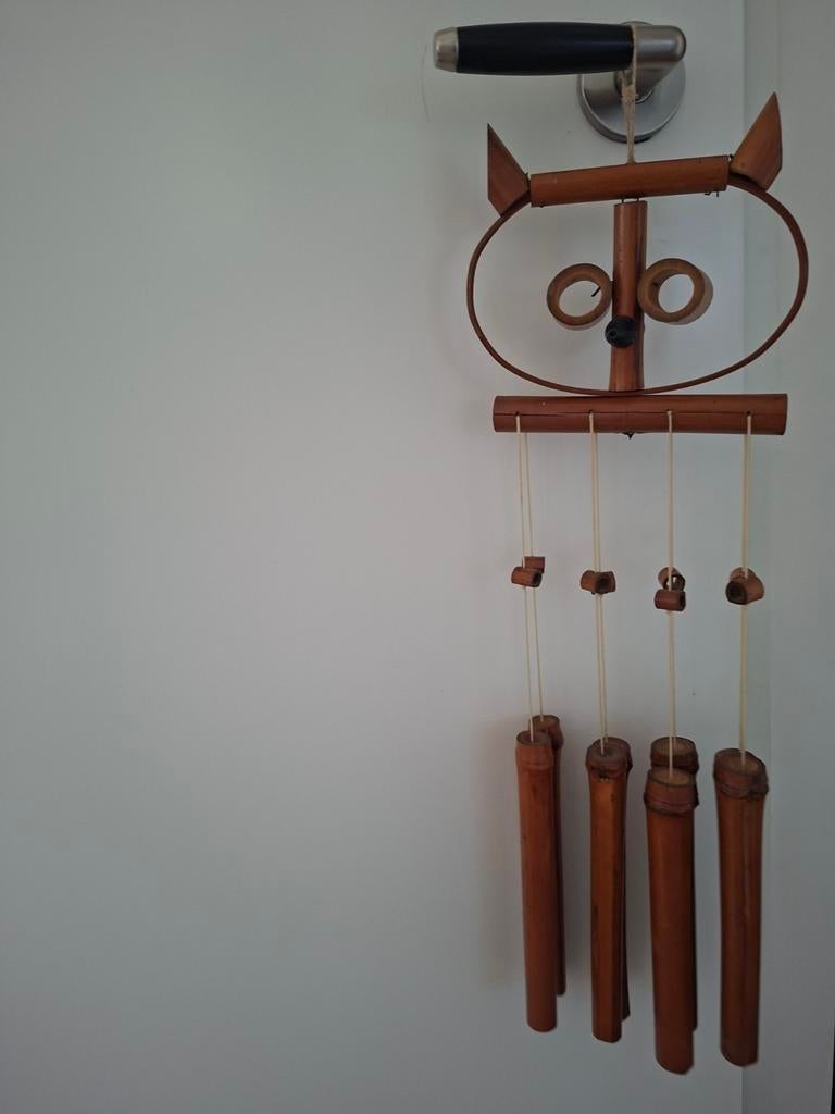 Vintage Bamboe windgong uil jaren 70- Handgemaakt, Hout, Gebruikt, Ophalen of Verzenden, Landelijk