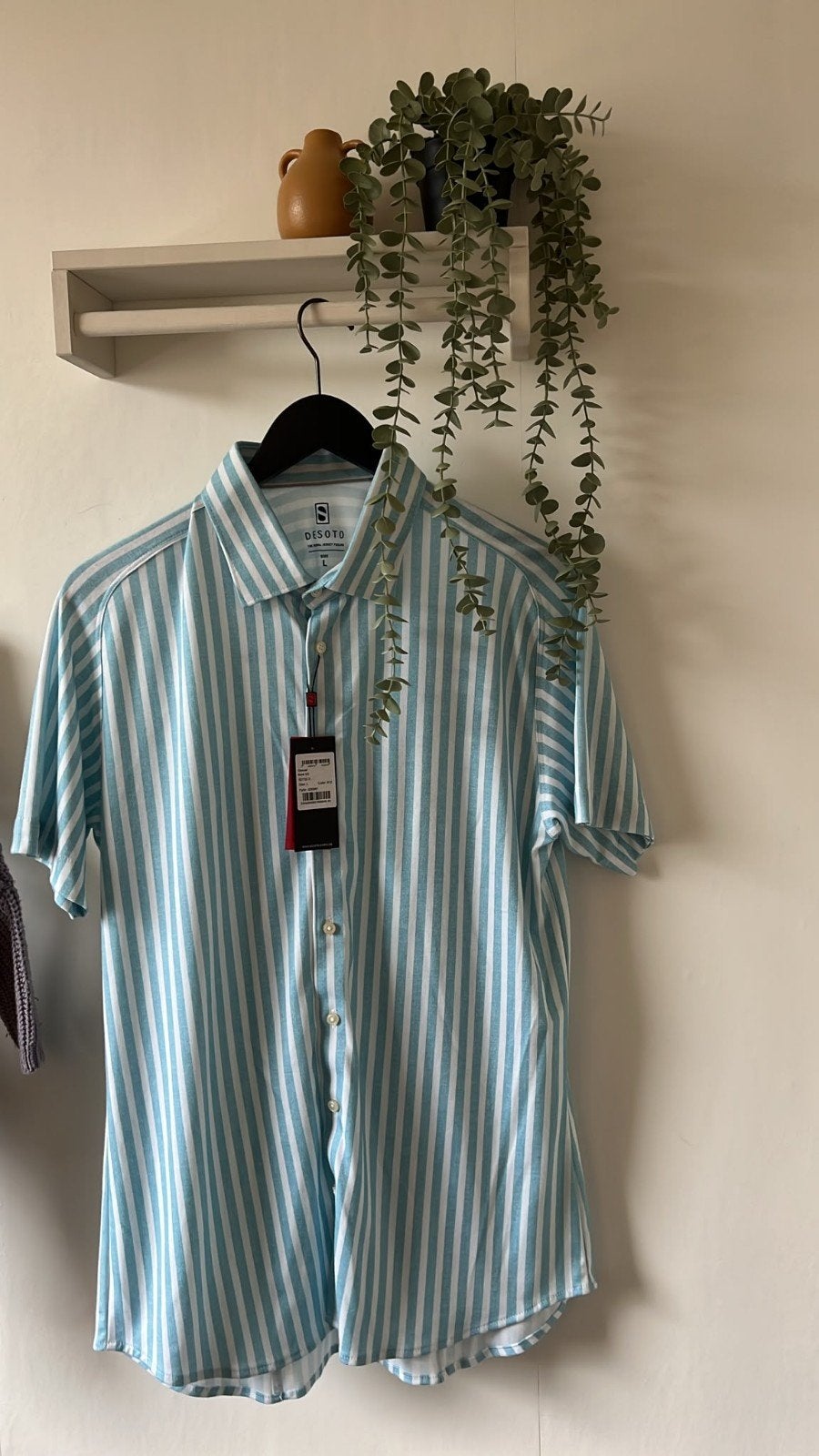 Nieuw DESOTO overhemd L – turquoise-wit gestreept – korte mo, Ophalen of Verzenden, Nieuw, Wit, Halswijdte 41/42 (L)