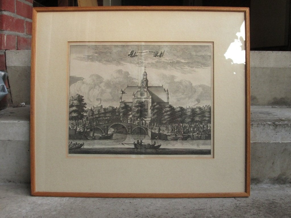 Antieke kopergravure van de Noorder Markt Kerk - Amsterdam, Ingelijst, Stadsgezicht, Ophalen of Verzenden, Gravure