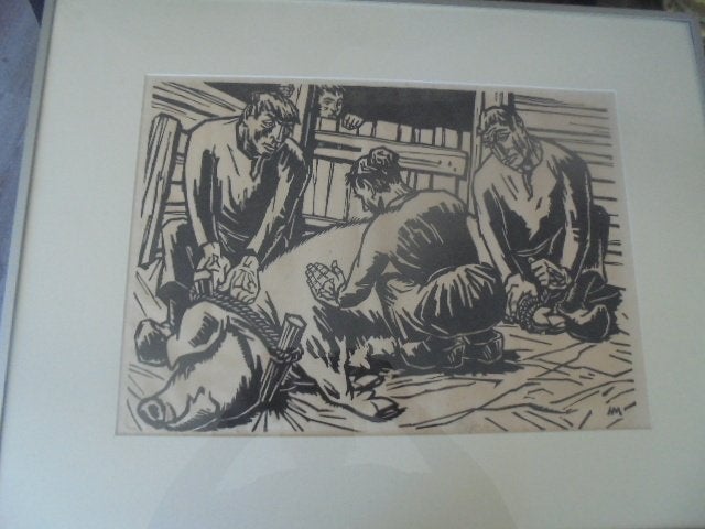 De Ploeg - Henk Melgers - Het zieke varken (Houtdruk), Antiek en Kunst, Ophalen, Dagelijks leven, Houtsnede, 66 cm