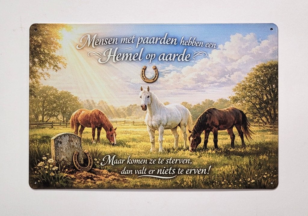 Mensen met paarden hemel op aarde reclamebord van metaal, Info@deconoord.nl, Nieuw, Ophalen of Verzenden, Deco noord