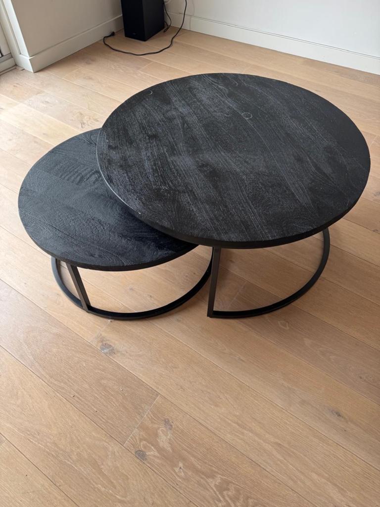 Set van 2 zwarte ronde salontafels, industrieel design, Huis en Inrichting, Tafels | Salontafels, Rond, Zo goed als nieuw, Metaal