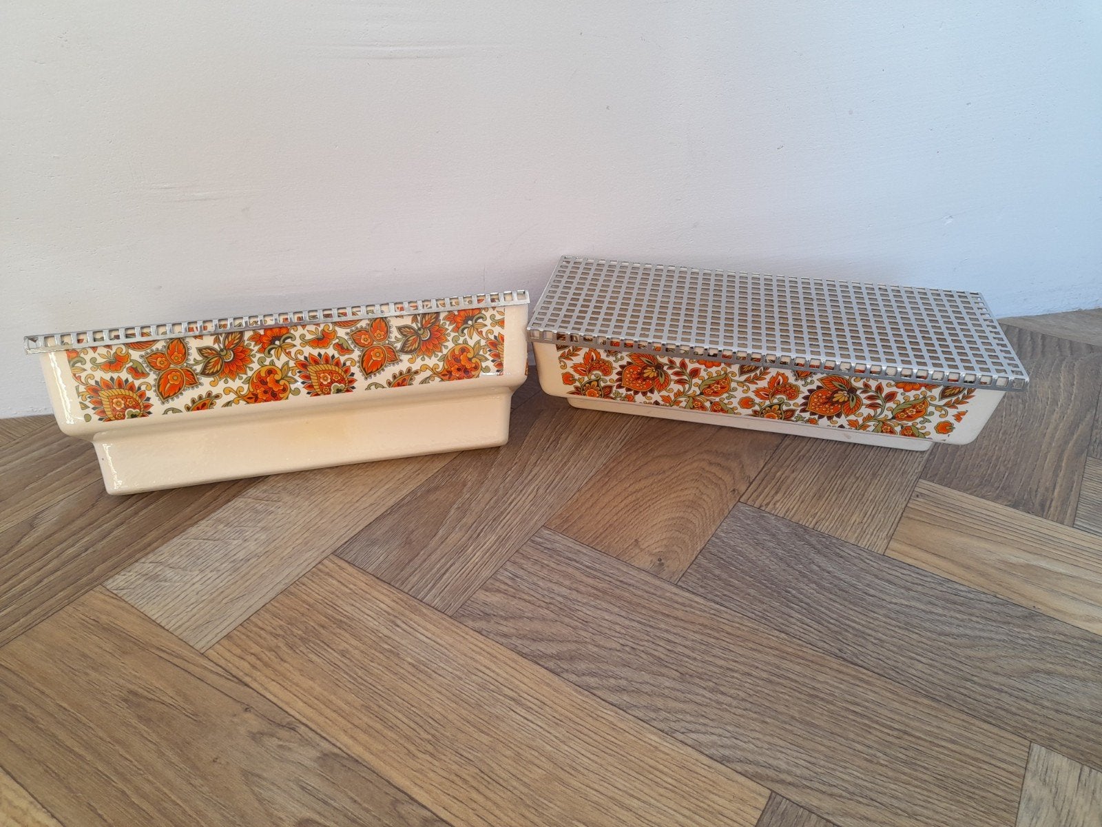 Set zeldzame vintage oranje radiatorbakjes Lousette, Antiek en Kunst, Ophalen of Verzenden