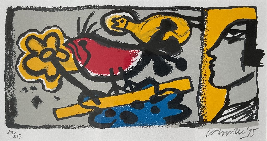 Corneille (1922-2010)-Vrouw, bloem en vogels (1995, 23-250), Personages en Fantasiefiguren, Gelimiteerde oplage, Ophalen of Verzenden
