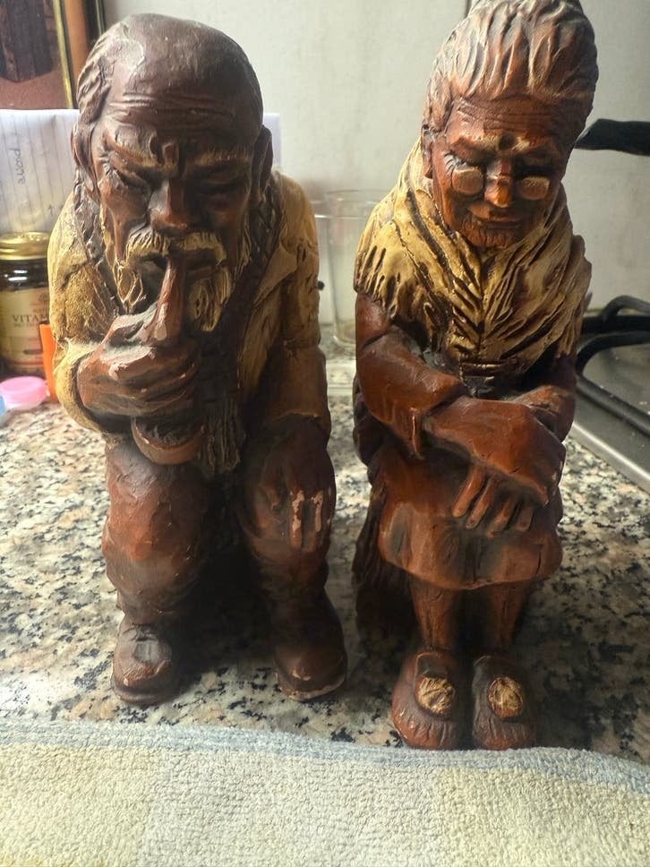 Vintage gips Boekensteunen - Oude Man en dame, Minder dan 20 cm, Hout, Bruin, Beschilderd