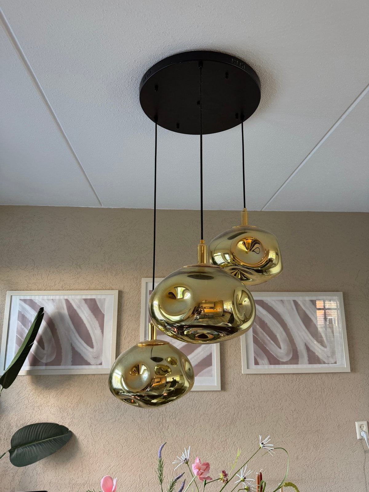 Gouden Hanglamp met 3 Lichtpunten - Modern Design, Ophalen of Verzenden, Zo goed als nieuw, Metaal, E27 (groot)