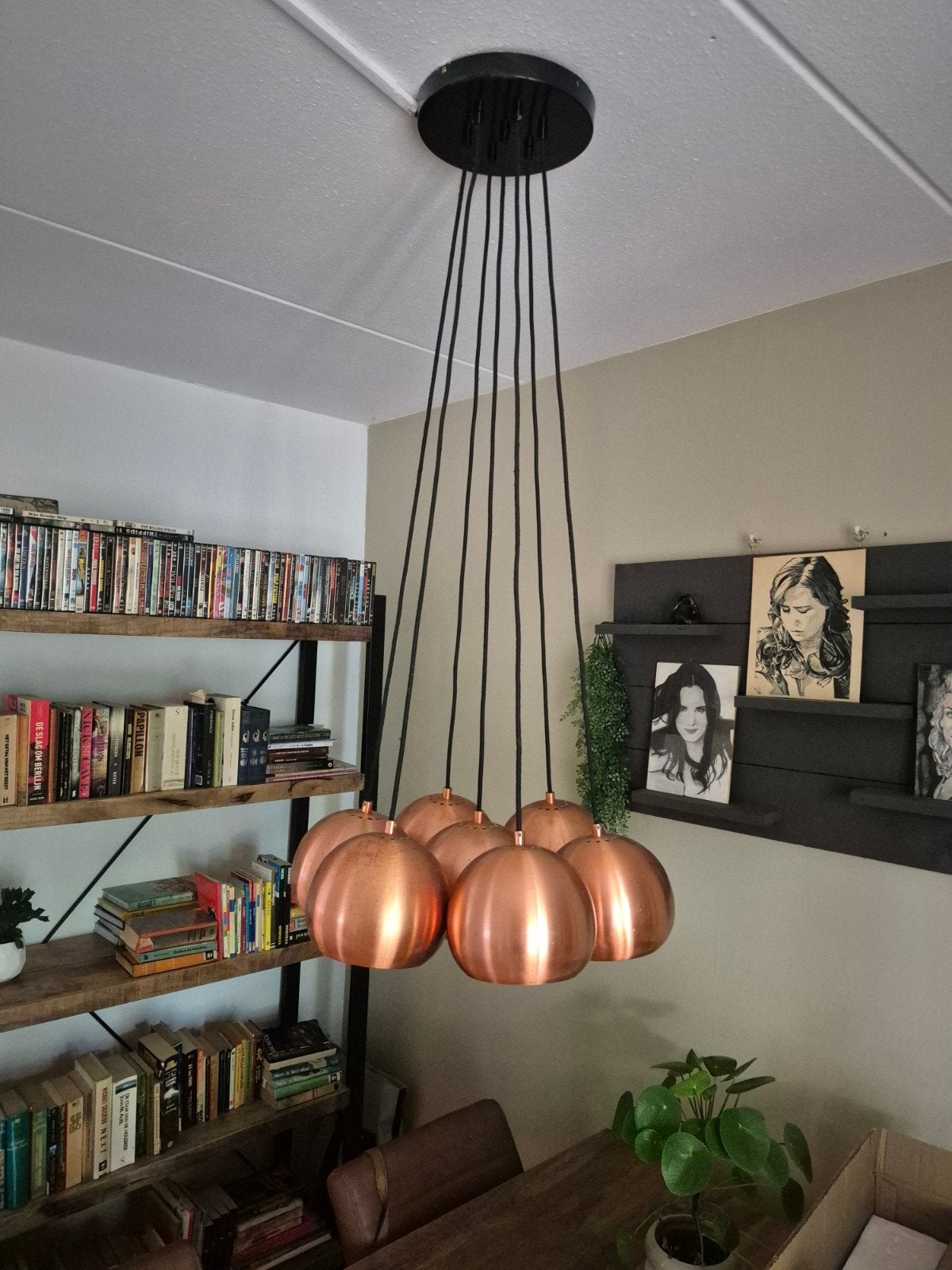Hanglamp met 7 bollen. Bronskleurig, Ophalen, Gebruikt, Metaal, E27 (groot)