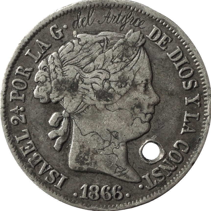 Spanje 40 centimos de escudo 1866 (curieus; bewerkt), Ophalen of Verzenden, Overige landen, Losse munt, Zilver