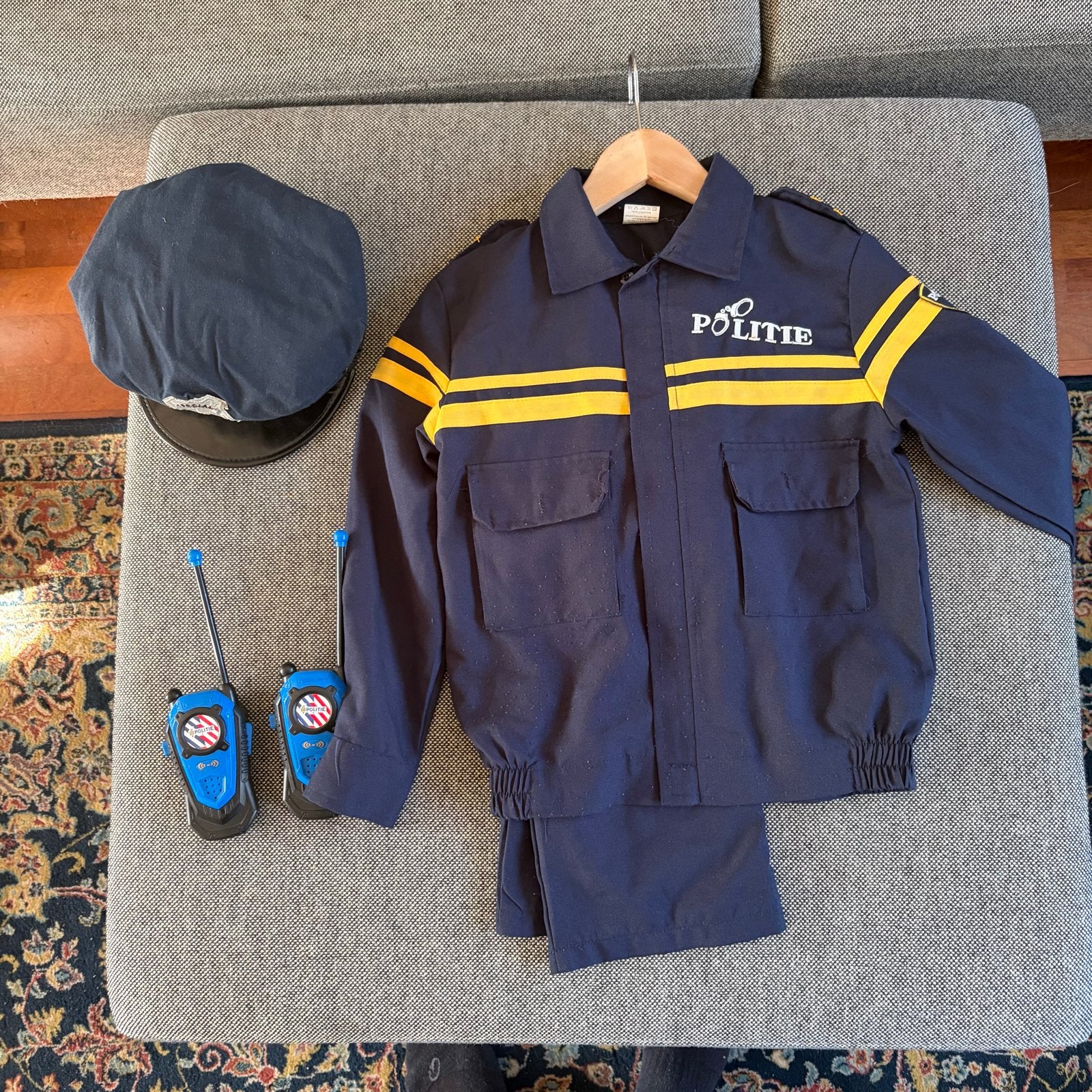 Kinder politiepak maat 140 met pet en walkietalkie, Ophalen of Verzenden, Gebruikt, 134 t/m 140, Jongen of Meisje