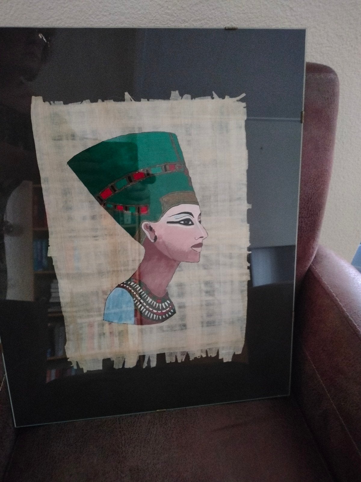 Handgeschilderd Nefertiti portret op papyrus (40x50cm), Portret of Personen, Origineel werk, Ophalen of Verzenden, Klassiek