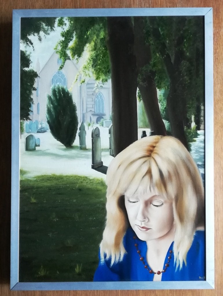 Schilderij portret vrouw op kerkhof - schilder RK, Ophalen, Olieverf