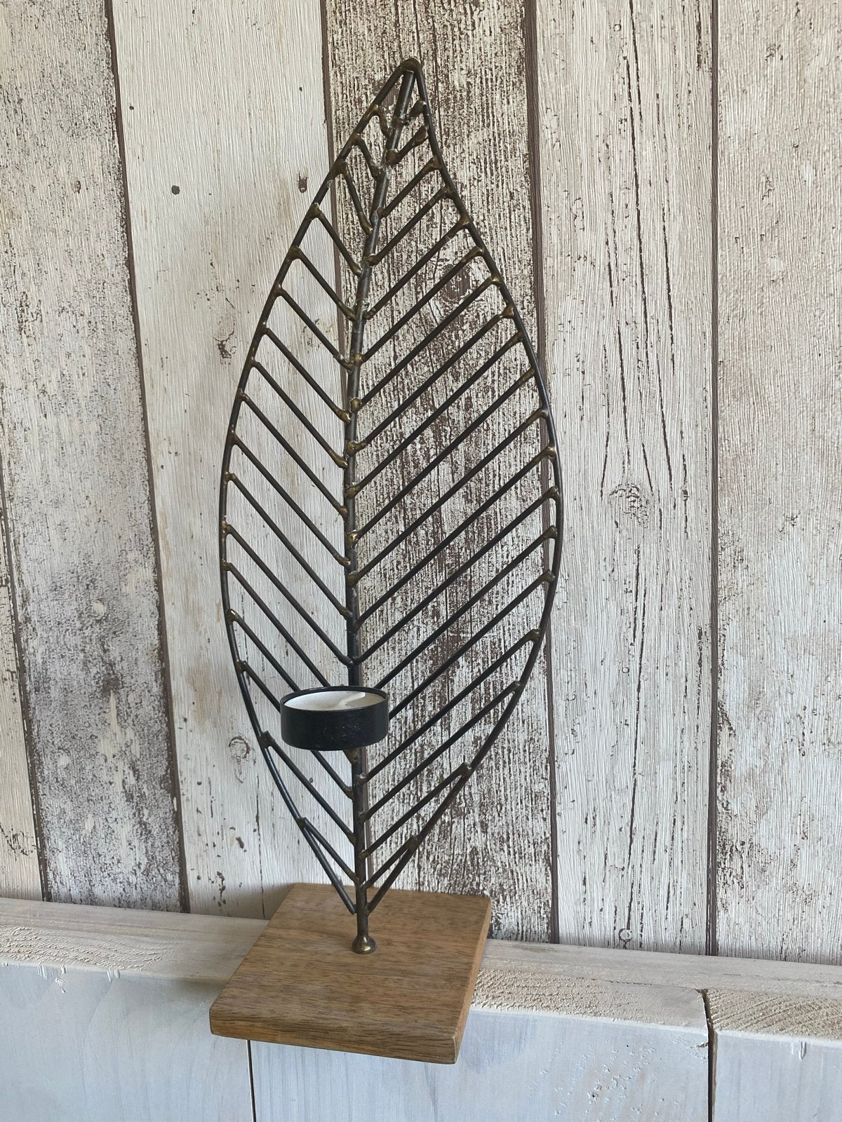 Waxinehouder blad - 40 cm blaadje metaal, Gebruikt, Ophalen of Verzenden, Metaal, Kandelaar