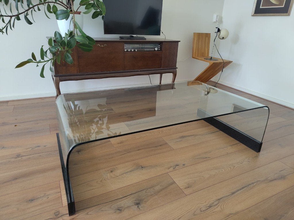 Vintage glazen waterval salontafel, Ophalen, Gebruikt, 100 tot 150 cm, 50 tot 100 cm