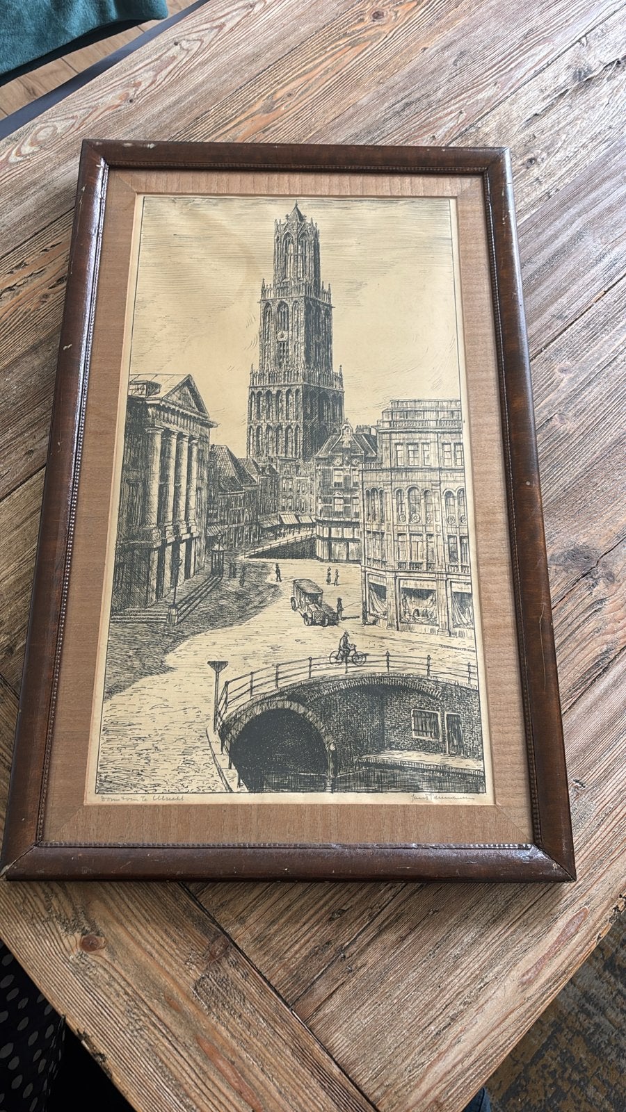 Antieke Ets Domtoren Utrecht gesigneerd J. Parmentier, Ets, Stadsgezicht, Ophalen of Verzenden, Gesigneerd
