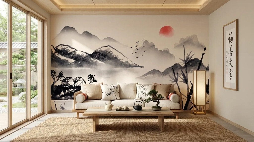 Landschap behang – Japanse bergen met rode zon, Zwart, Natuurlijk, Overige merken, Ophalen of Verzenden