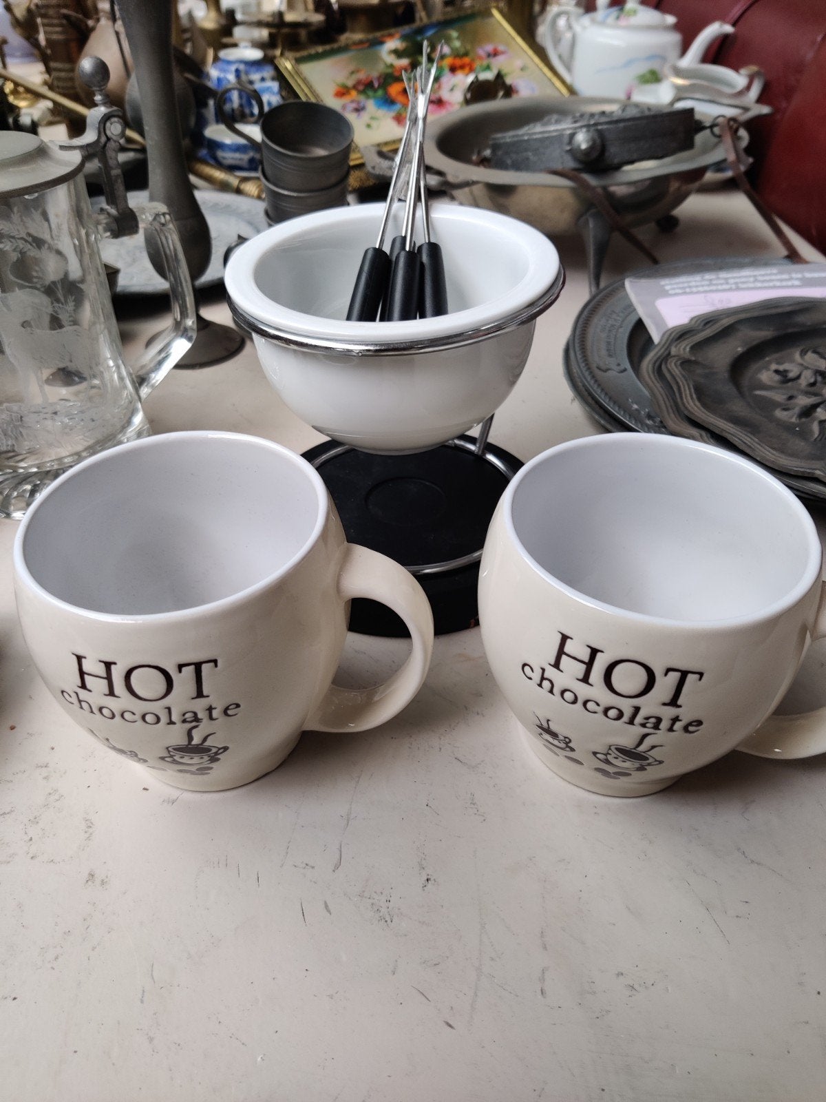 Fondue set met 2 'Hot Chocolate' mokken, Ophalen of Verzenden, Metaal, Wit, Overige typen
