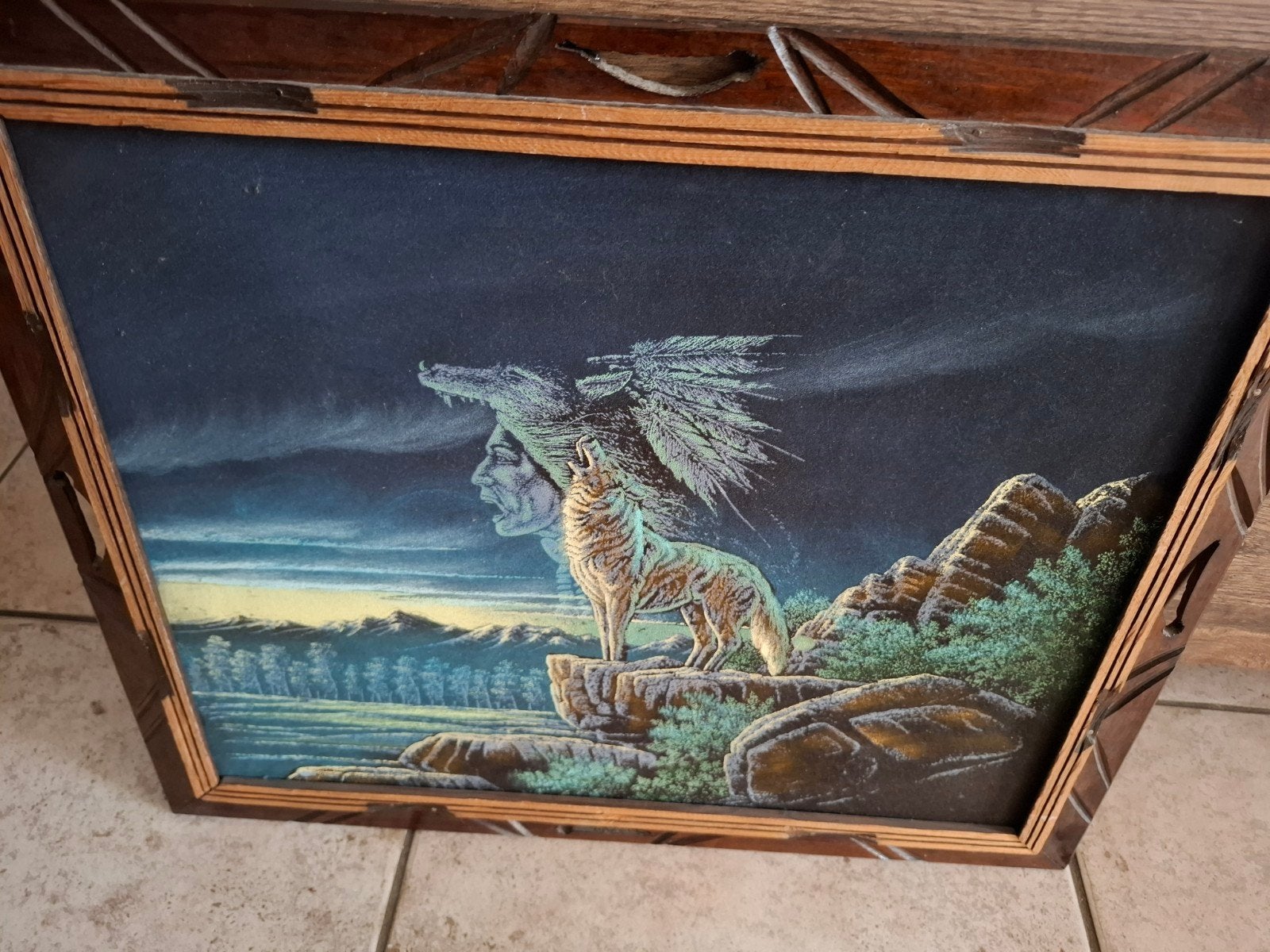 Uniek schilderij met wolf, adelaar en indiaan, 50 – 75, Gebruikt, Ophalen of Verzenden, Schilderij
