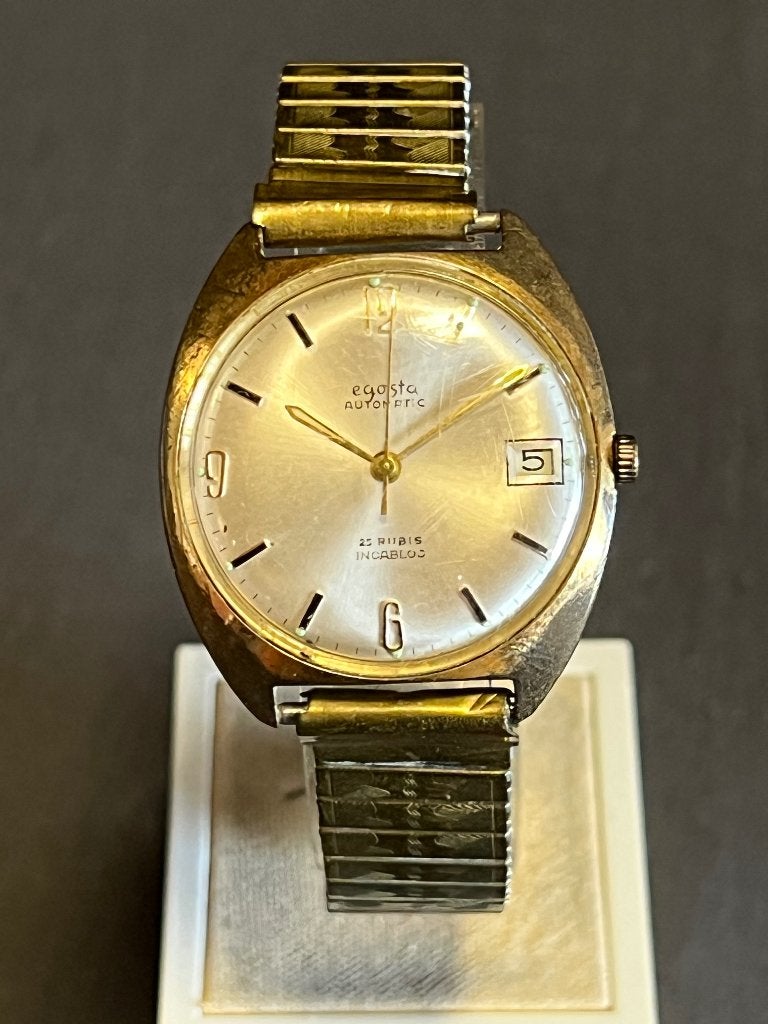 Egosta Automatic 25 Rubis Incabloc 35mm Verguld, Overige merken, Staal, Polshorloge, Met bandje