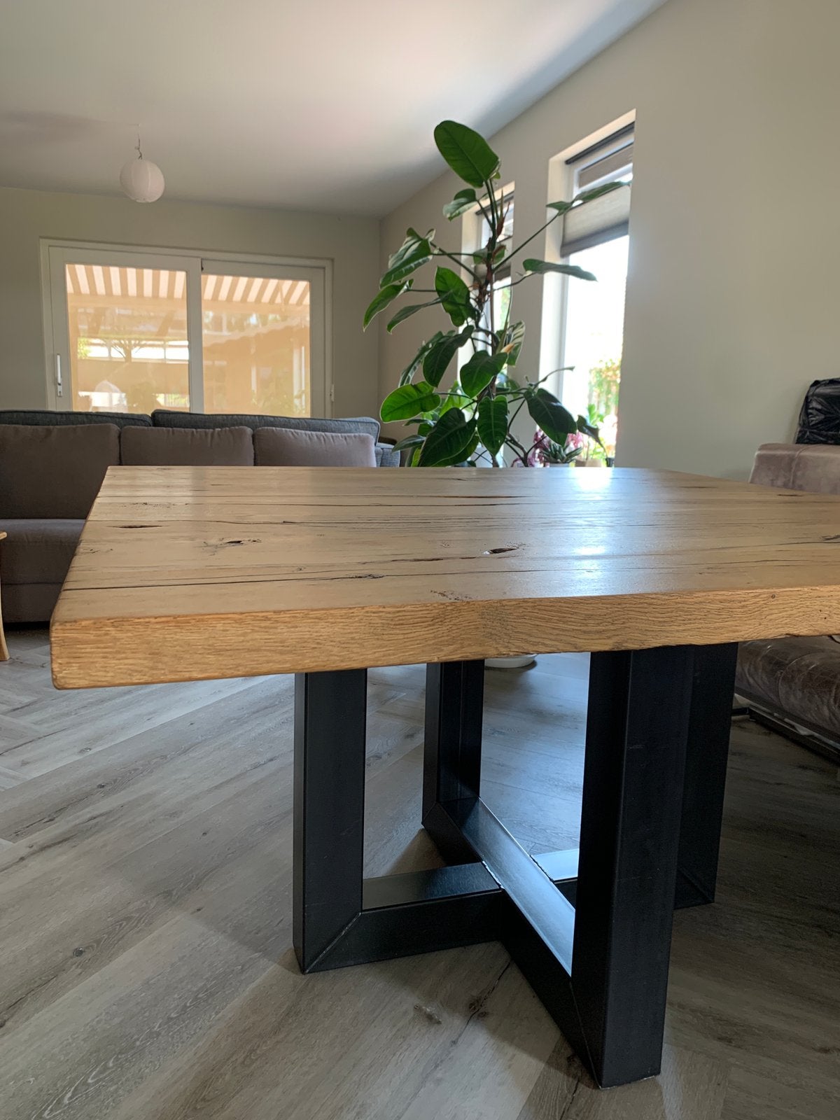 Stoere vierkante eetkamertafel / eettafel treinwagon delen, Ophalen, Eikenhout, Vierkant, Zo goed als nieuw