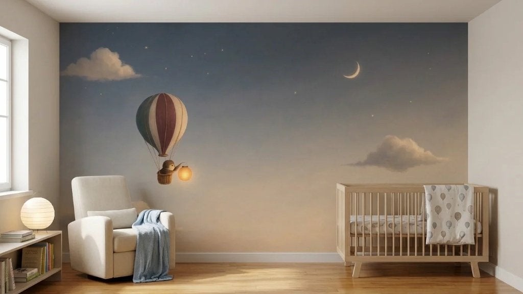Sterren behang babykamer – ballon en maan op maat, Overige patronen, 75 m² of meer, Modern, Ophalen of Verzenden