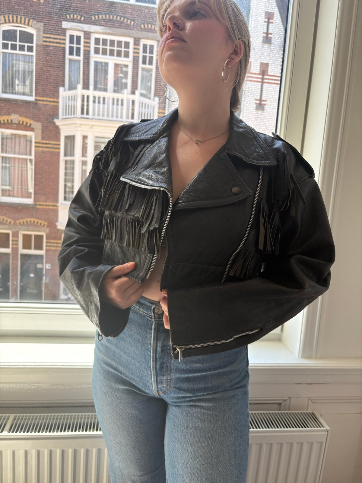 Vintage Jean Paul Gaultier Leren Bikerjack met Franjes Maat, Ophalen of Verzenden, Gedragen, Maat 38/40 (M), Zwart